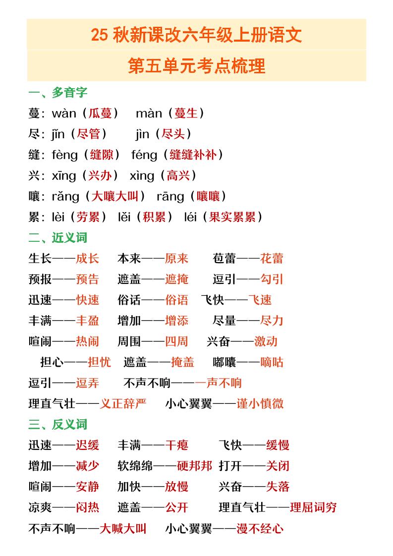 【2025秋新版】六年级上册语文第五单元重点考点梳理-网赚知识点