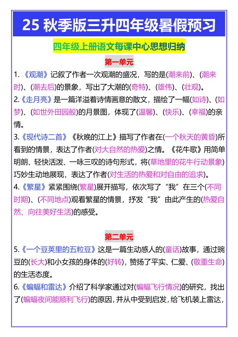 【2025秋新版】四年级上册语文每课中心思想归纳-网赚知识点