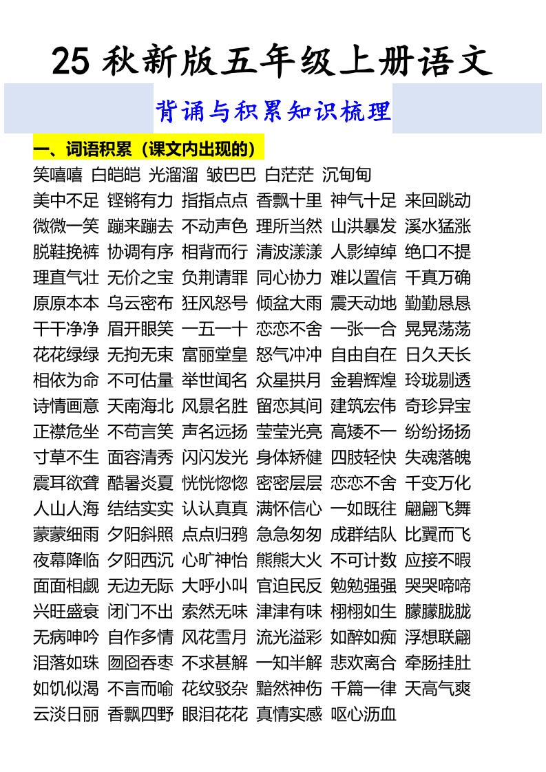 【2025秋新版】五年级上册语文背诵与积累知识梳理-网赚知识点