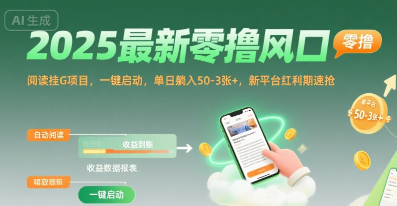 2025最新零撸风口，阅读挂G项目，一键启动，单日躺入 50-3张+，新平台红利期速抢【揭秘】-网赚知识点