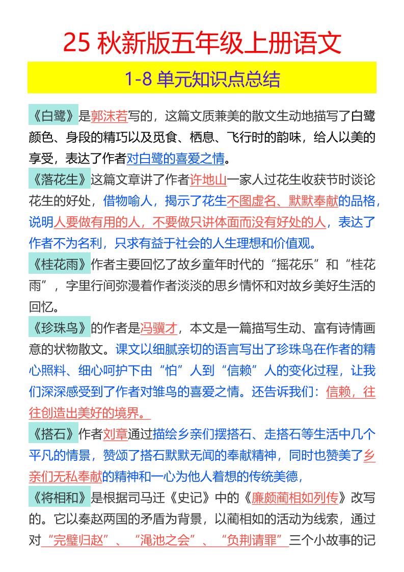 【2025秋新版】五年级上册语文1-8单元知识点总结-网赚知识点