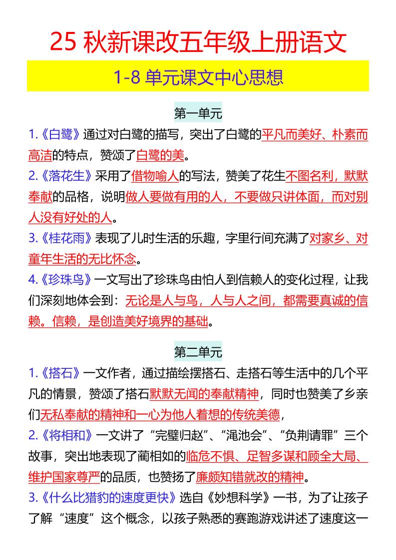 【2025秋新版】五年级上册语文1-8单元课文中心思想-网赚知识点