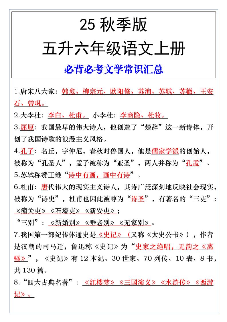【2025秋新版】五升六年级语文上册必背必考文学常识汇总-网赚知识点