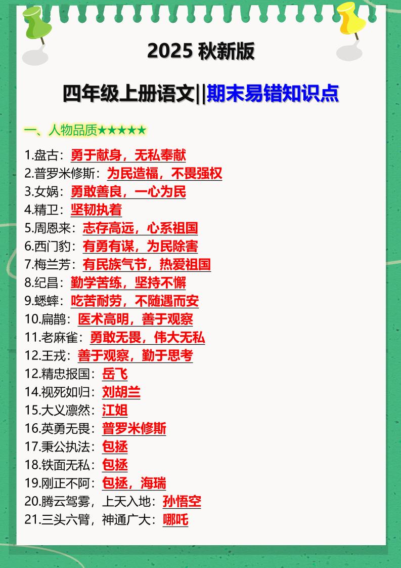 【2025秋新版】四年级上册语文‖期末易错知识点-网赚知识点