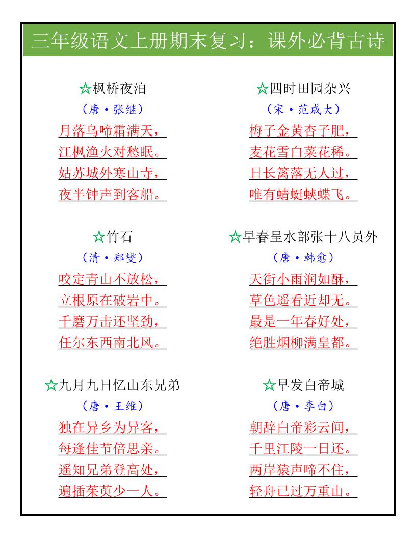 【2025秋新版】三年级语文上册期末复习：课外必背古诗-网赚知识点