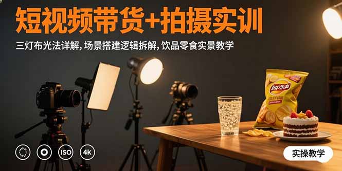 短视频带货+拍摄实训：三灯布光法详解,场景搭建逻辑拆解,饮品零食实景教学-网赚知识点