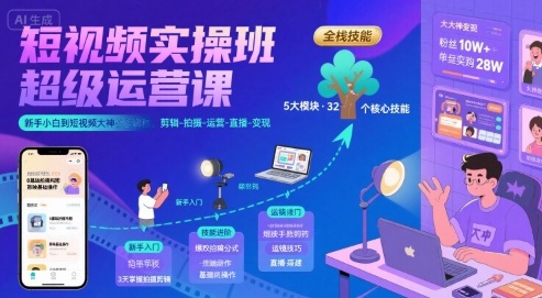 短视频实操班超级运营课，新手小白到短视频大神必修课程，剪辑-拍摄-运营-直播-变现-网赚知识点