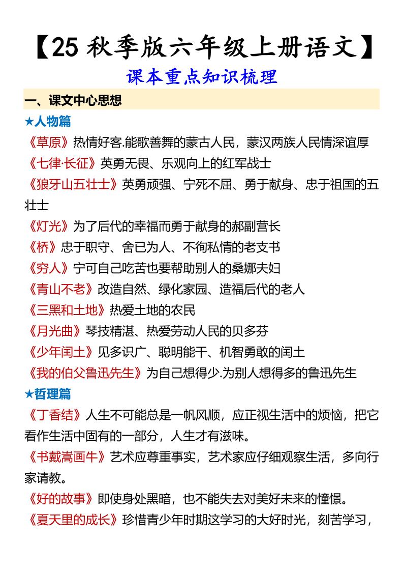 【2025秋新版】【六年级上册语文】课本重点知识梳理-网赚知识点