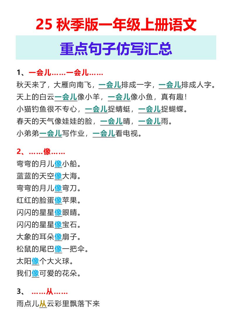 【2025秋新版】一年级上册语文重点句子仿写汇总-网赚知识点