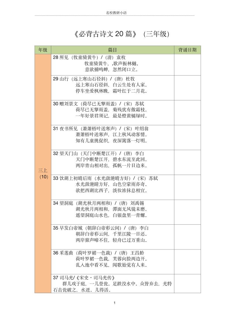 三年级古诗文背诵记录表-三上语文-网赚知识点