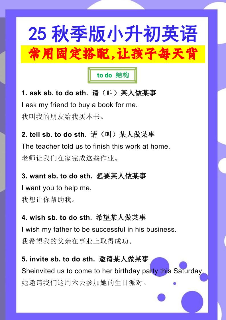 【2025秋新版】小升初英语常用固定搭配-网赚知识点