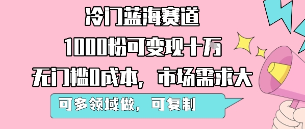 冷门蓝海赛道，1000粉可变现十W，无门槛0成本，市场需求大，可多领域做，可复制性强-网赚知识点