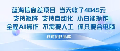 蓝海信息差项目当天收米1k+ 支持矩阵支持自动化小白能操作全程AI操作不需要人工你只要会电脑-网赚知识点