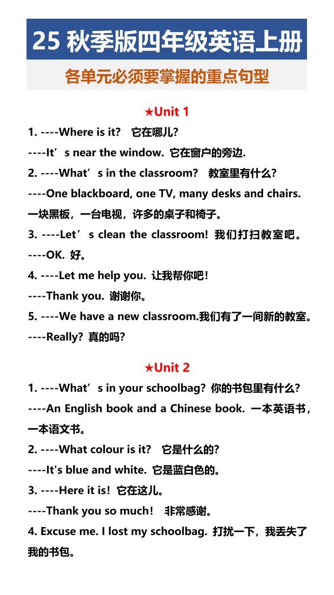 【2025秋新版】四年级英语上册各单元必须要掌握的重点句型-网赚知识点