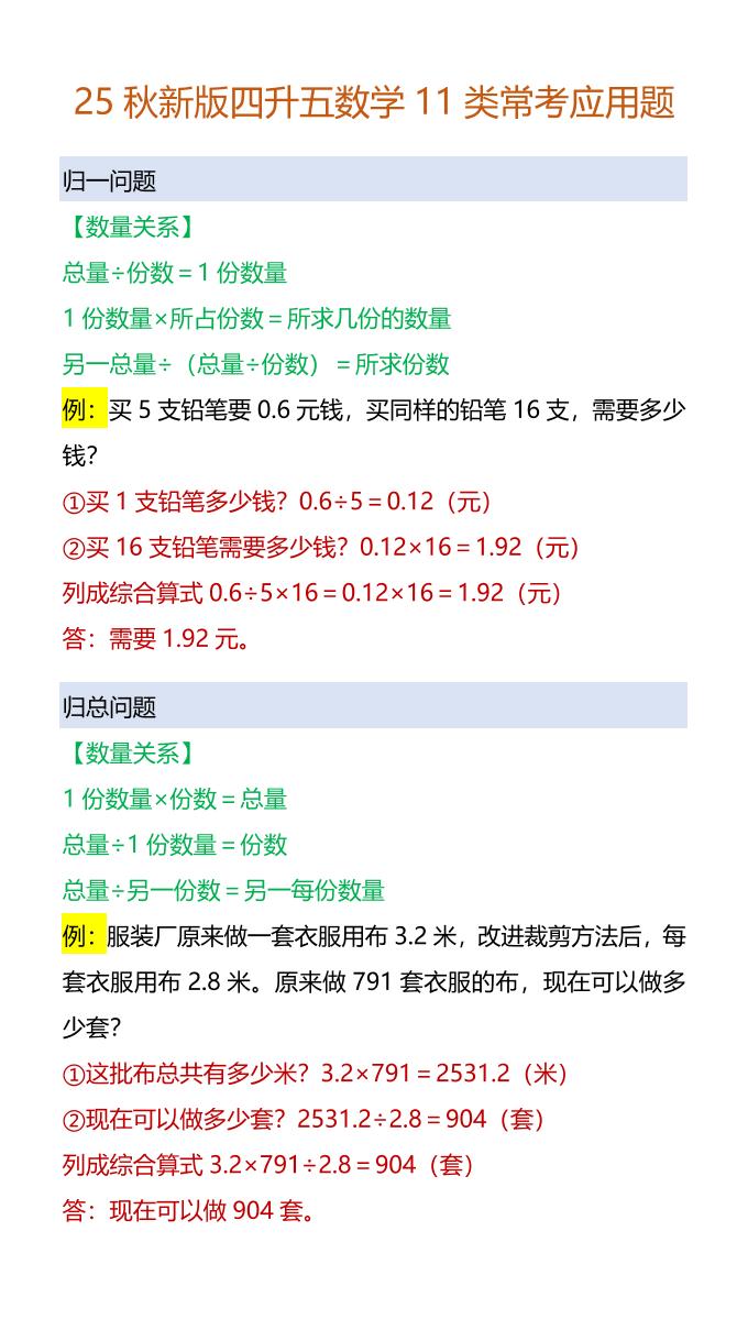 【2025秋新版】四升五数学11类常考应用题-五上数学-网赚知识点