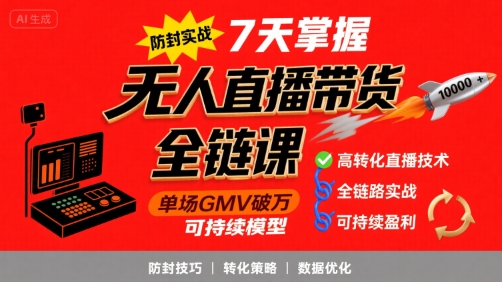 无人直播带货全链防封实战课，7天掌握高转化直播技术，实现单场GMV破万可持续模型-网赚知识点