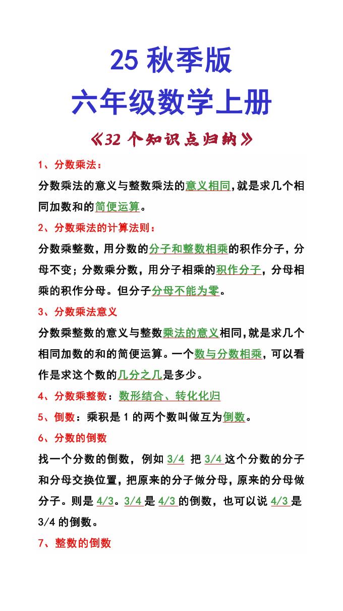 【2025秋新版】六年级数学上册《32个知识点归纳》-网赚知识点