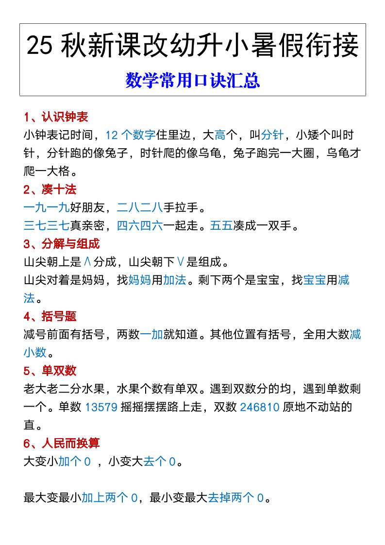 【2025秋新版】幼升小暑假衔接数学常用口诀汇总-一上数学-网赚知识点
