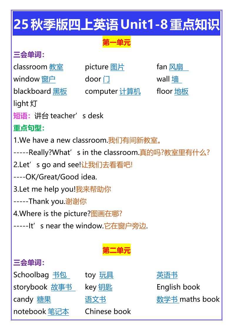 【2025秋新版】四年级上册英语Unit1-8重点知识-网赚知识点