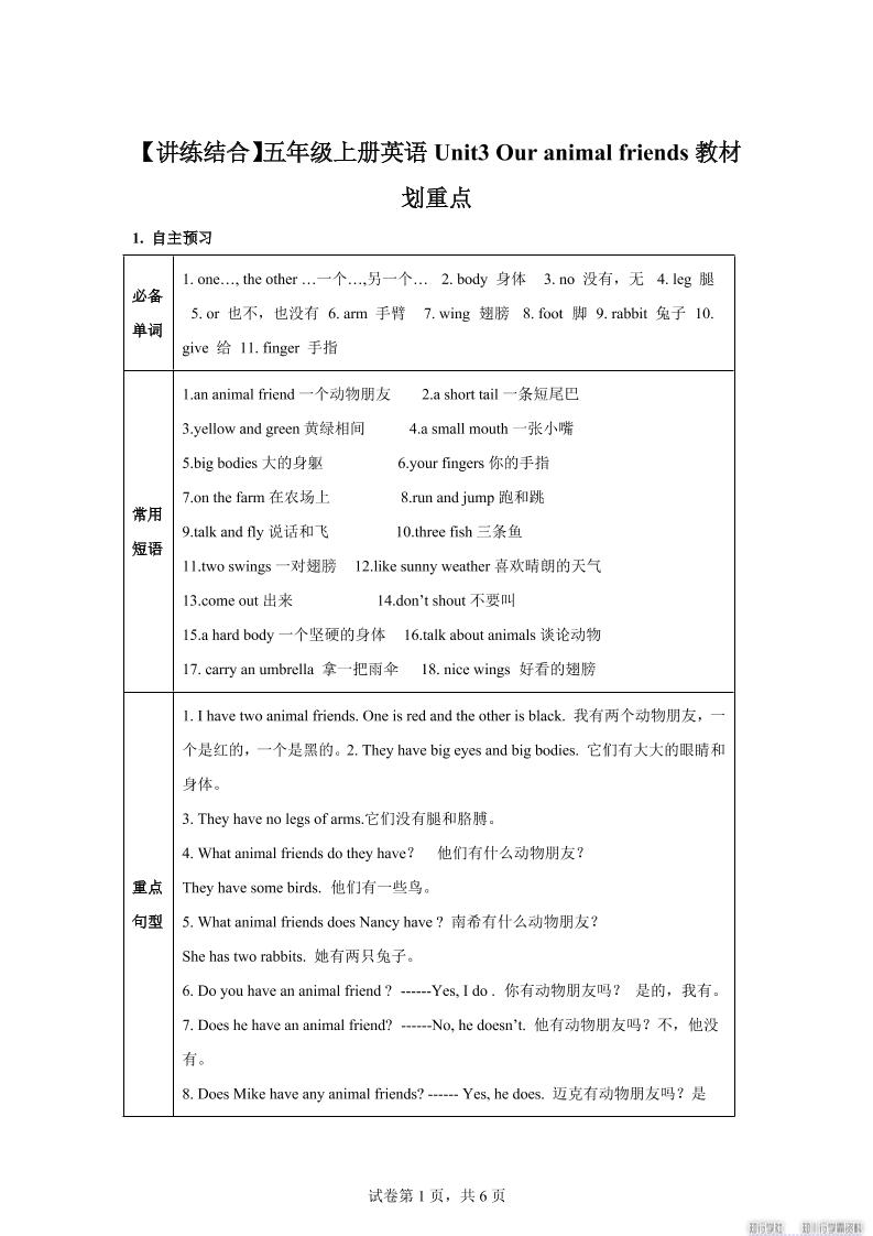 【单元热点难点】译林版（三起）英语五年级上册Unit3Ouranimalfriends教材划重点-网赚知识点