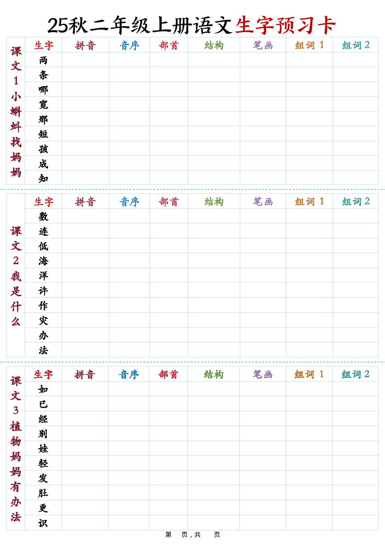 25秋新二上语文生字预习卡（11页）-网赚知识点