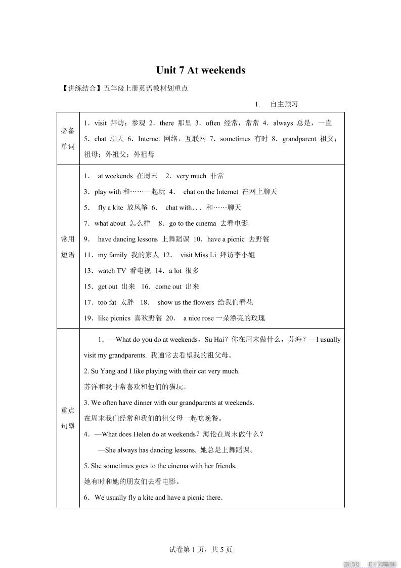 【单元热点难点】译林版（三起）英语五年级上册Unit7Atweekends教材划重点-网赚知识点