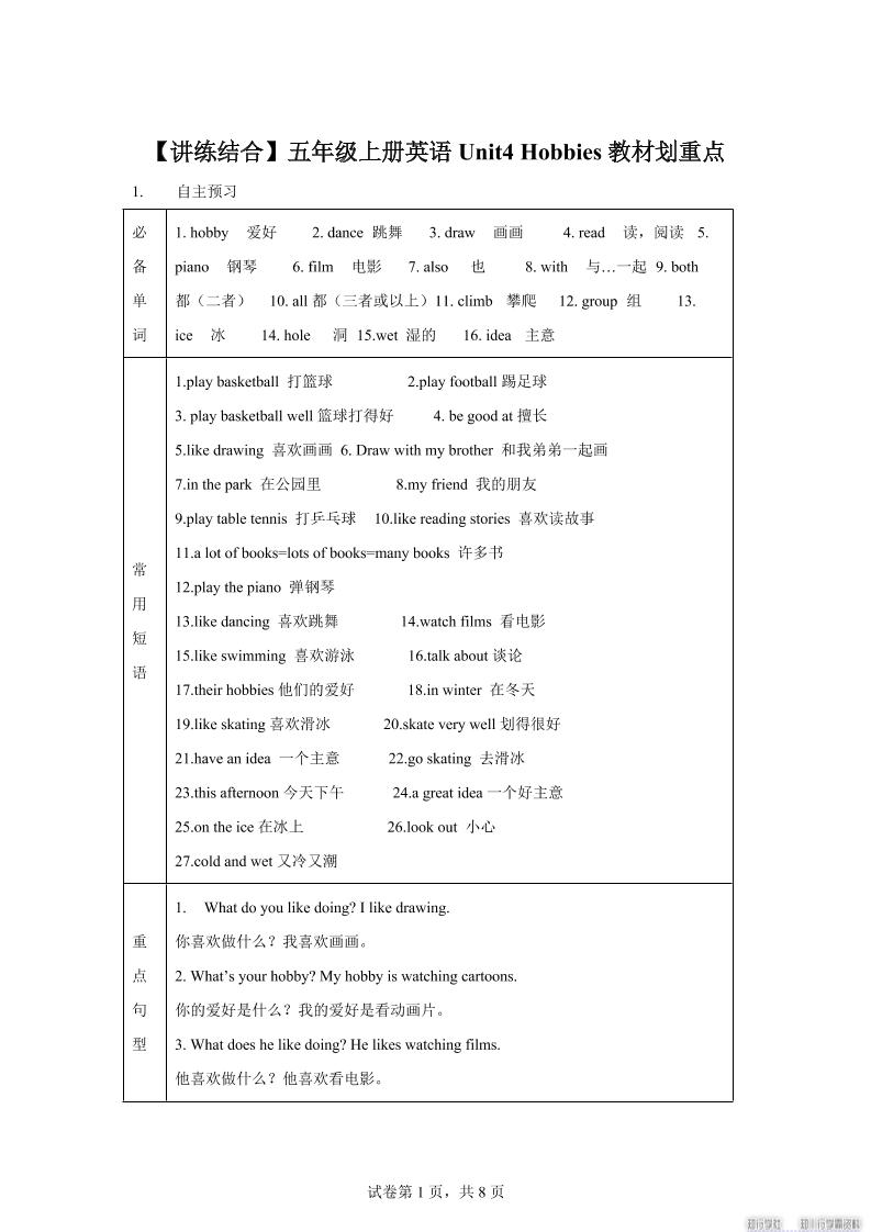 【单元热点难点】译林版（三起）英语五年级上册Unit4Hobbies教材划重点-网赚知识点