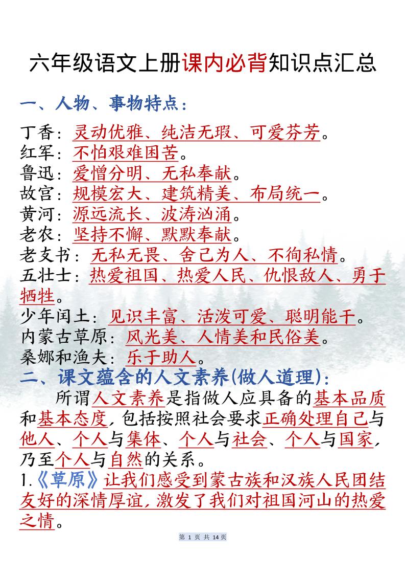 六上语文课内必背知识点汇总（共14页）-网赚知识点