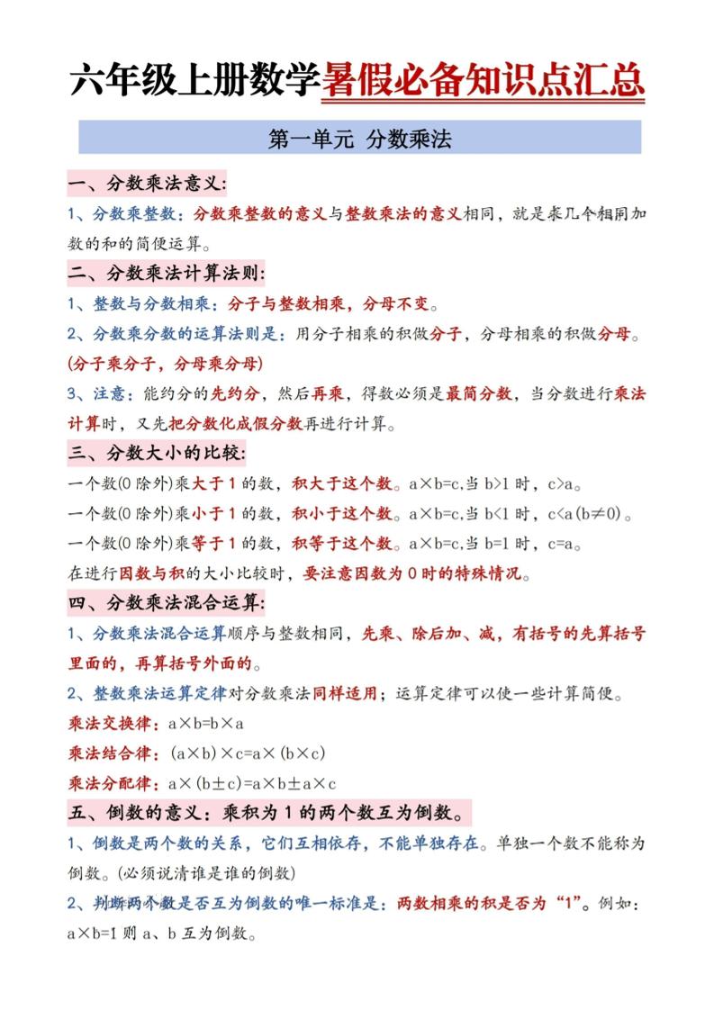 六年级上册数学暑假必备知识点汇总9页-网赚知识点