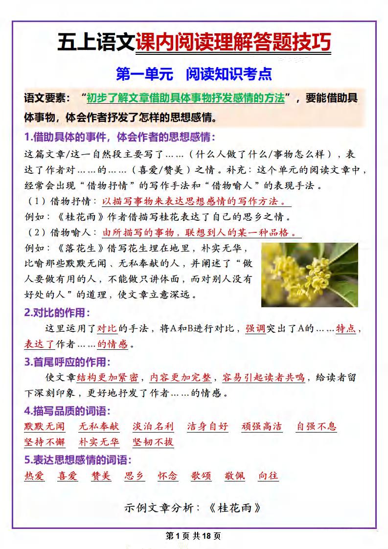 五年级上册语文课内阅读理解答题技巧-网赚知识点