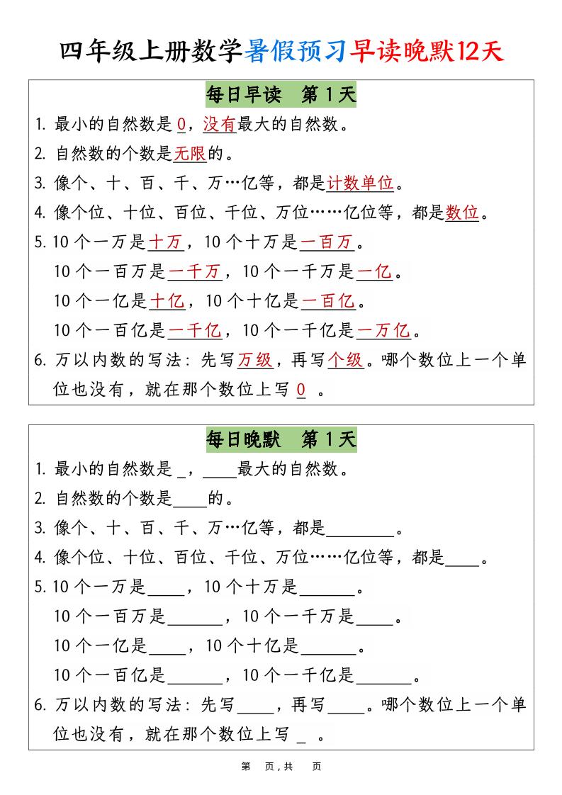 四上数学暑假预习早读晚默12天12页-网赚知识点