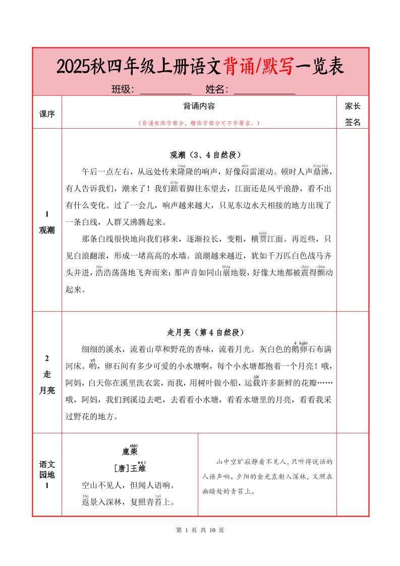 25秋四上语文必背内容+默写表（10页）-网赚知识点