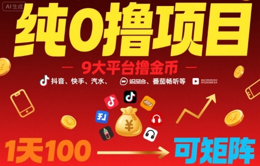 纯0撸项目，9大平台撸金币，抖音，快手，汽水，番茄畅听等，1天100，可矩阵-网赚知识点