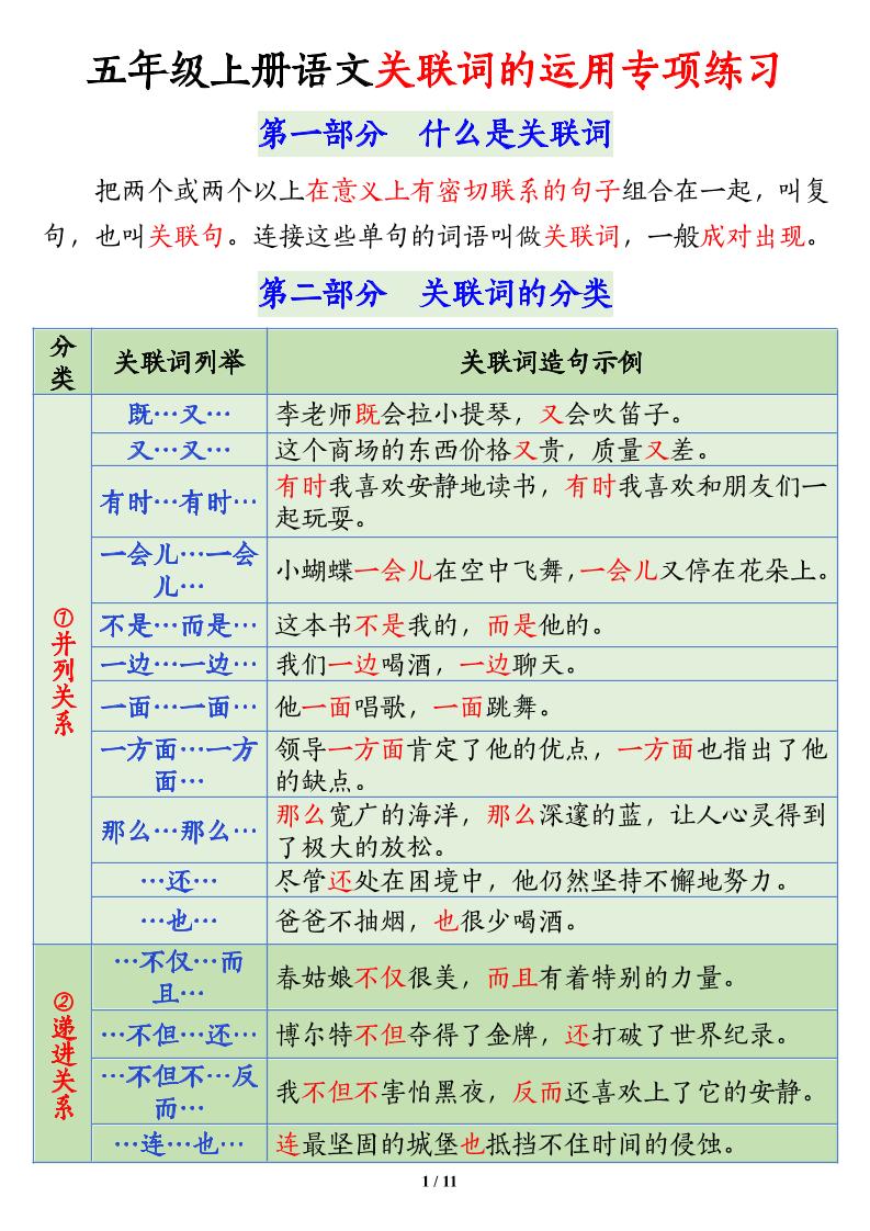 五上语文关联词语的运用专项练习（11页）-网赚知识点