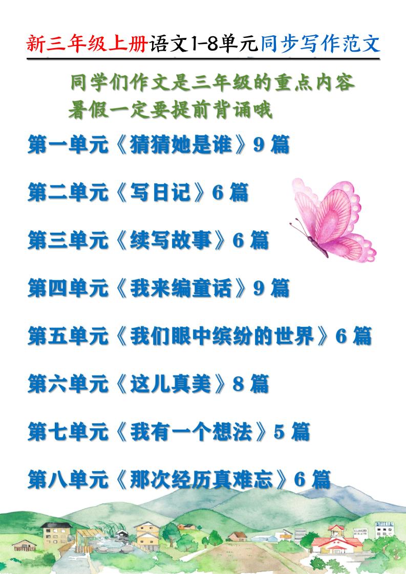 新三上语文1-8单元同步写作范文55篇（56页）-网赚知识点