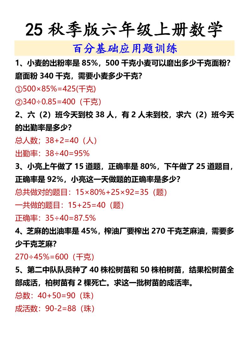 【2025秋新版】六年级上册数学百分基础应用题训练-网赚知识点