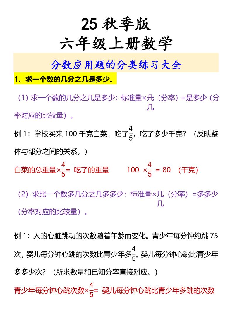 【2025秋新版】六年级上册数学分数应用题的分类练习大全-网赚知识点