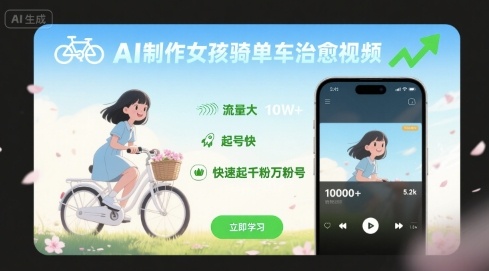 AI制作女孩骑单车治愈视频，流量大，起号快，快速起千粉万粉号-网赚知识点