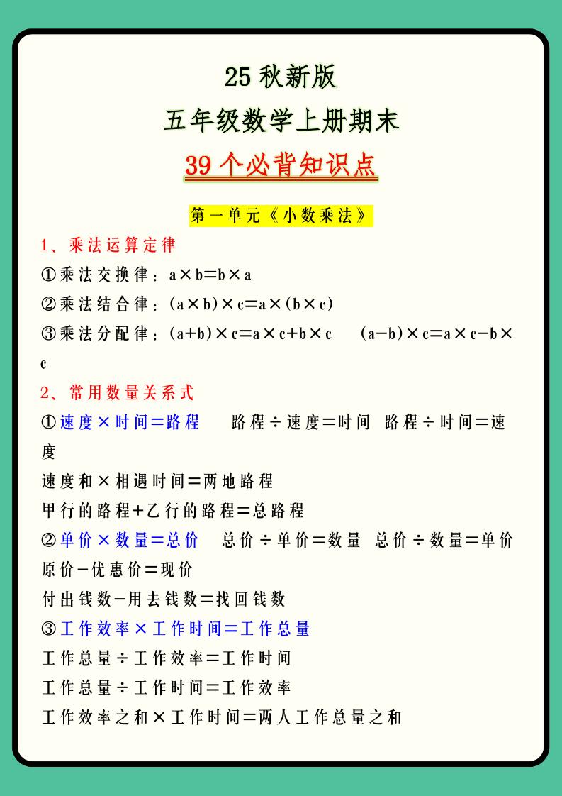 【2025秋新版】五年级数学上册期末39个必背知识点-网赚知识点