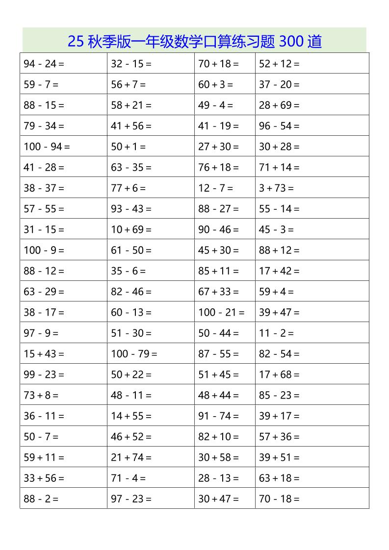 【2025秋新版】一年级数学口算练习题300道-一上数学-网赚知识点