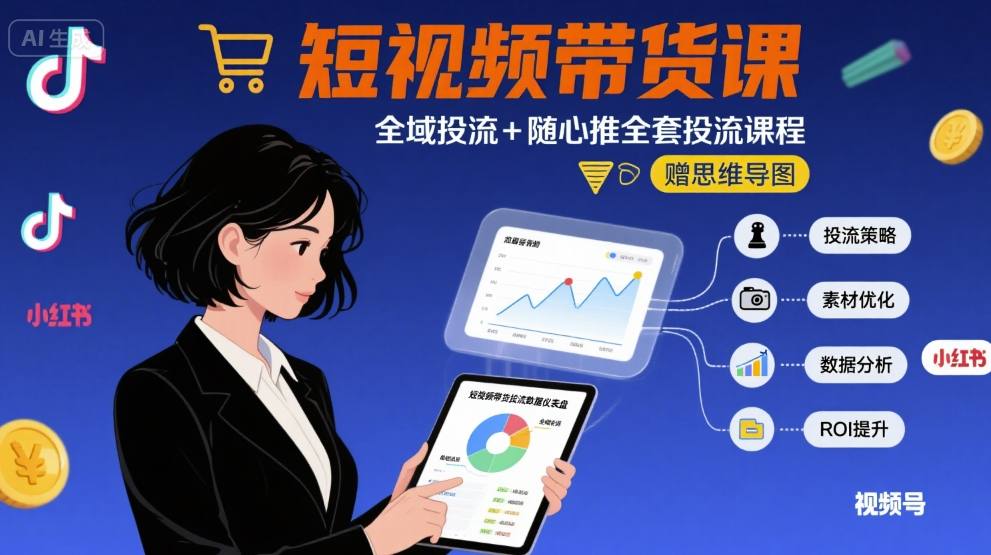 最新短视频带货课，全域投流+随心推全套投流课程+思维导图-网赚知识点