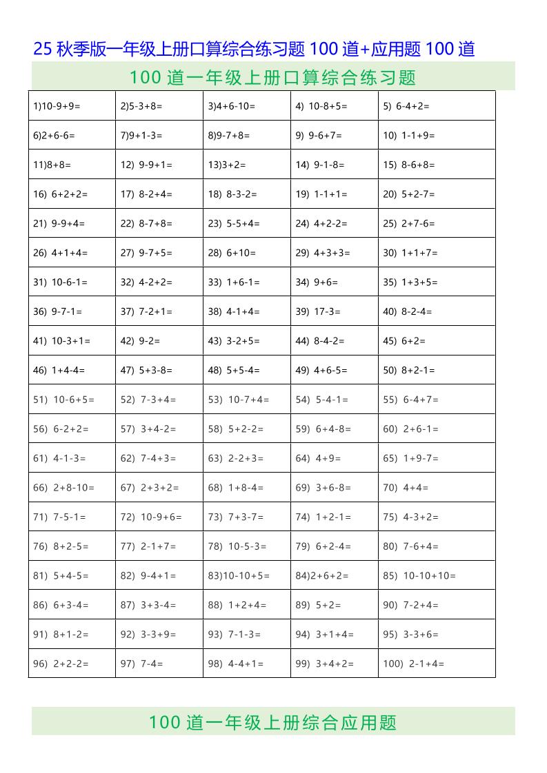 【2025秋新版】一年级上册口算综合练习题100道+应用题100道-一上数学-网赚知识点