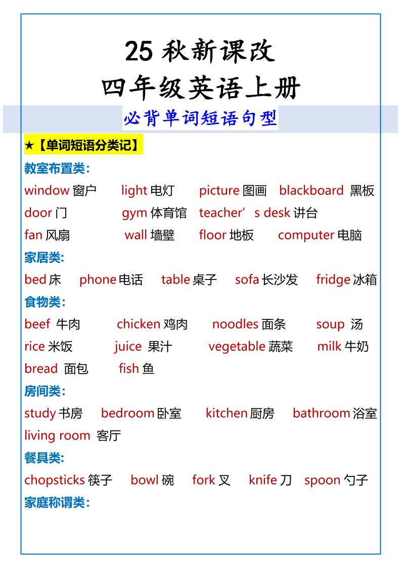 【2025秋新版】四年级英语上册必背单词短语句型-网赚知识点