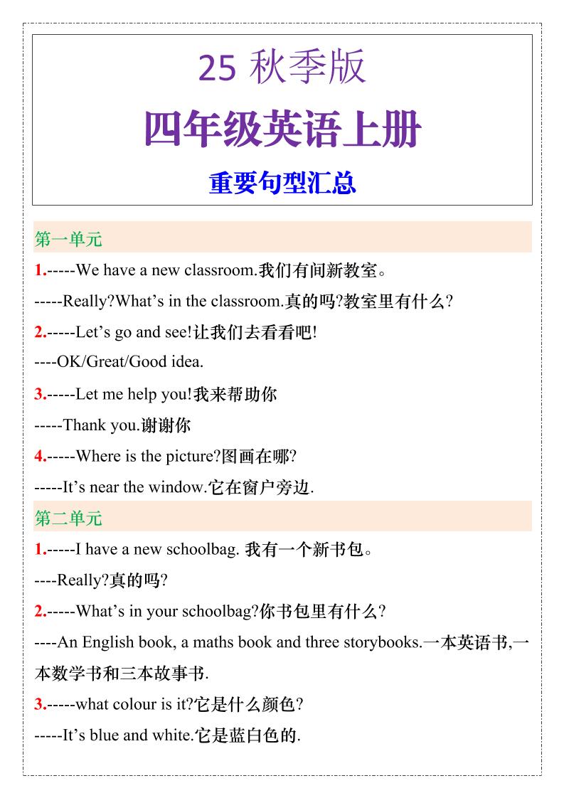 【2025秋新版】四年级英语上册重要句型汇总-网赚知识点