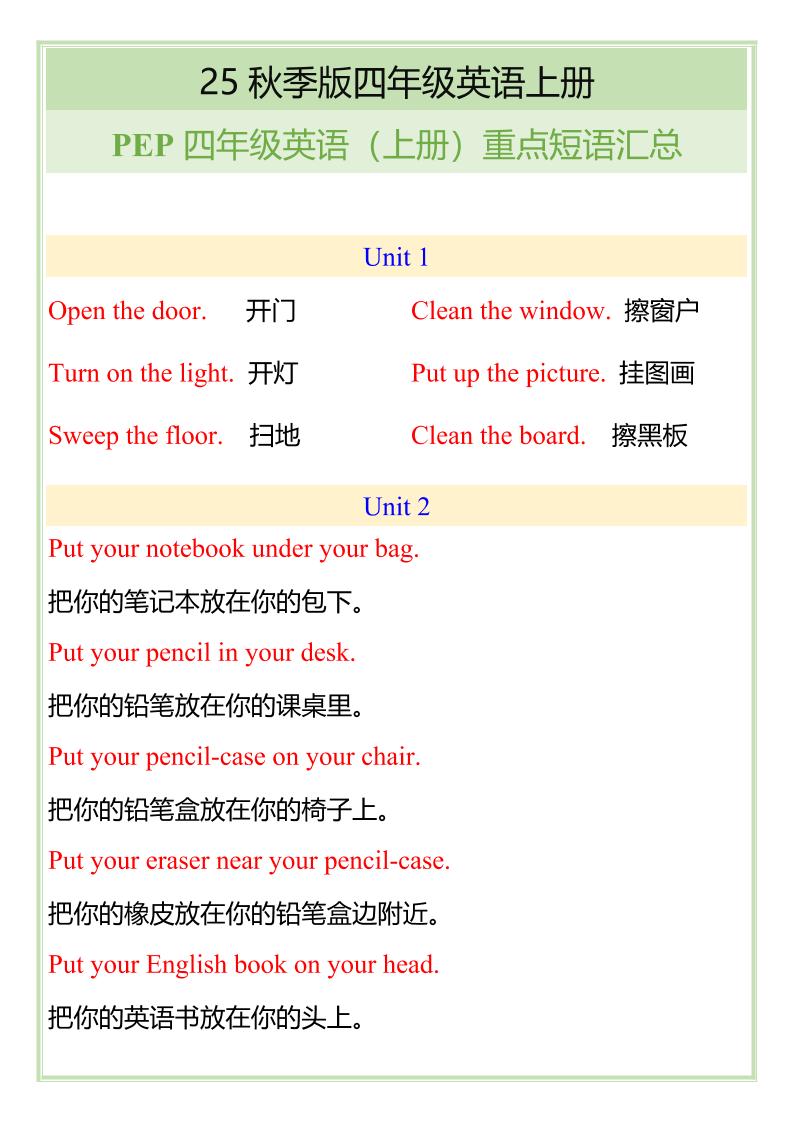 【2025秋新版】四年级英语（上册）重点短语汇总-网赚知识点