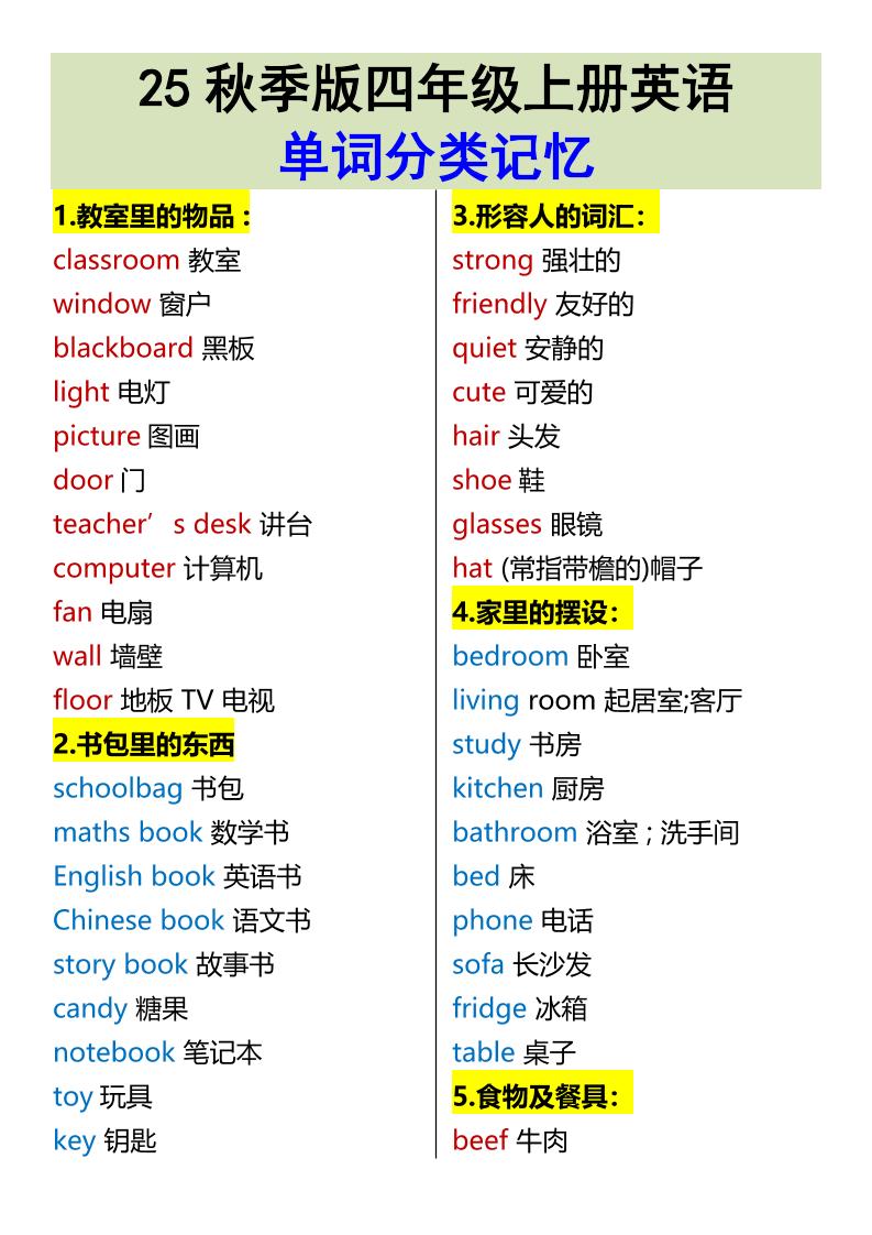 【2025秋新版】四年级上册英语•单词分类记忆-网赚知识点